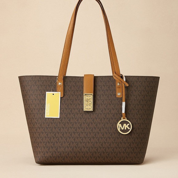 Michael Kors Jet Set Travel Tote in Signature Brown Logo with Acorn Trim (NWT) - Picture 1 of 7